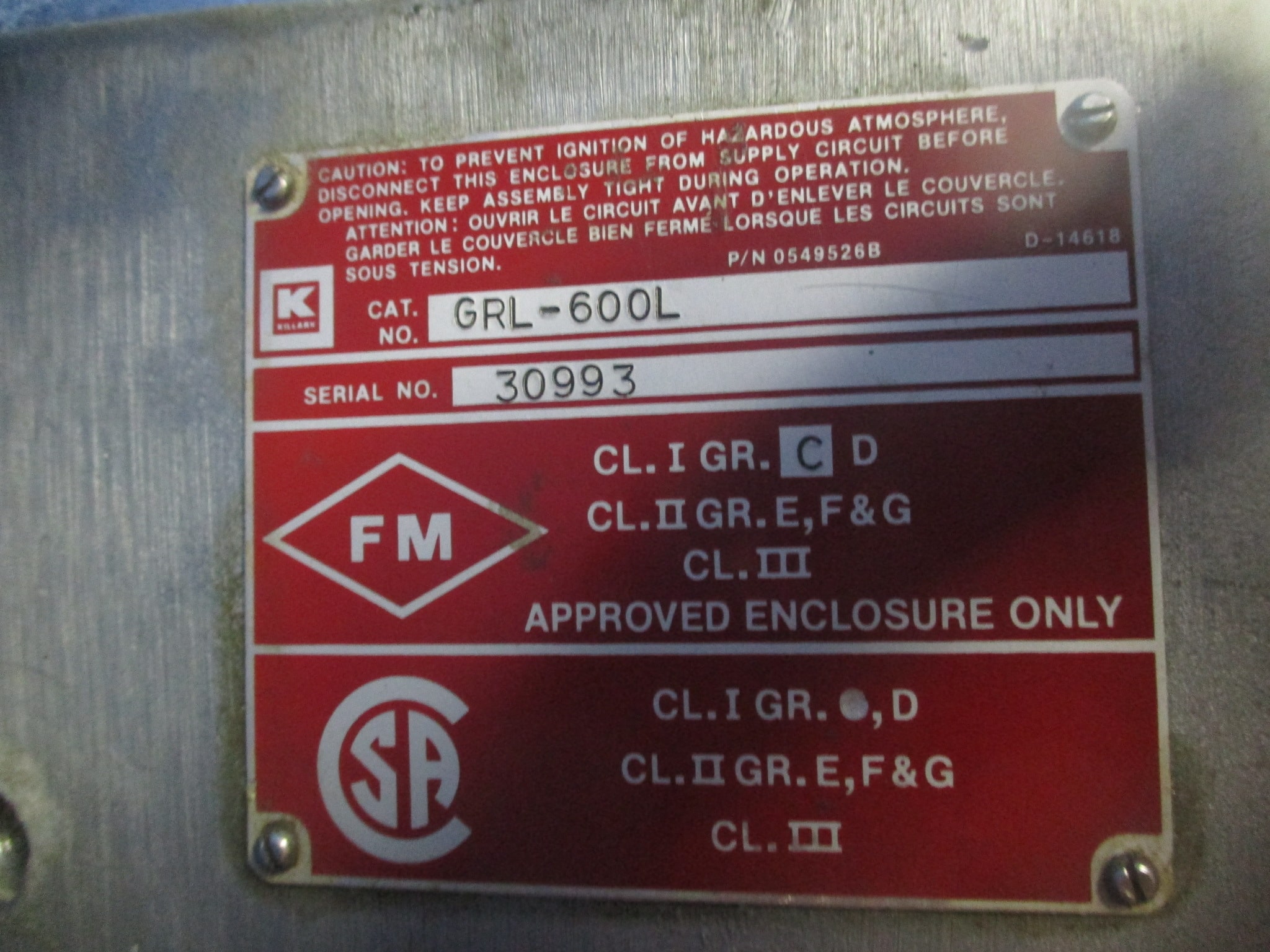 Killark DRL-600L Explosion Proof Enclosure 1 Year Warranty ~ Integrity ...