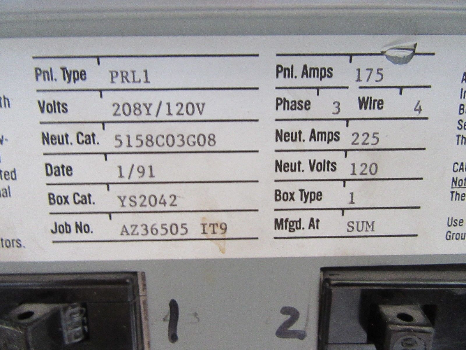 Panel board main breaker box 18 cir 120/208 volt 3 p 4 w 175 Amps 1 ...